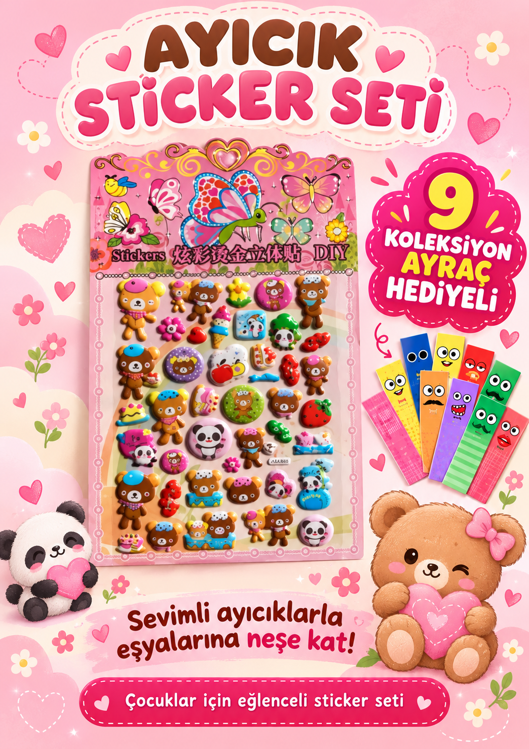 Ayı Desenli Sticker - Sevimli Ayı Sticker - Çocuklar İçin Kabartmalı Sticker Etiket